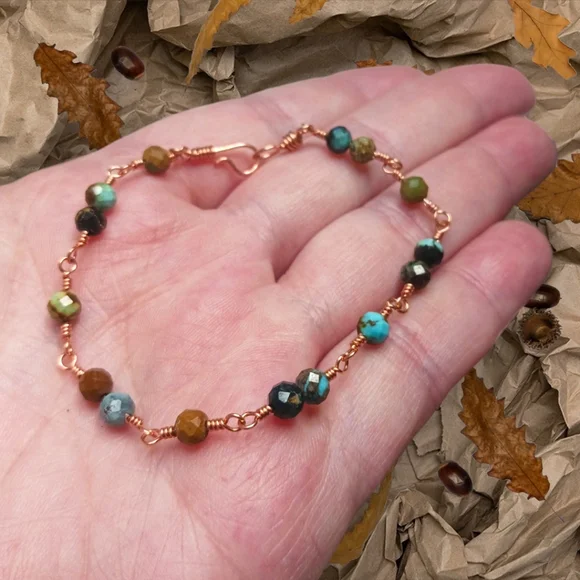 Artisan Copper Wire Wrap Bracelet with African Turquoise Beads - Picture 1 of 4
